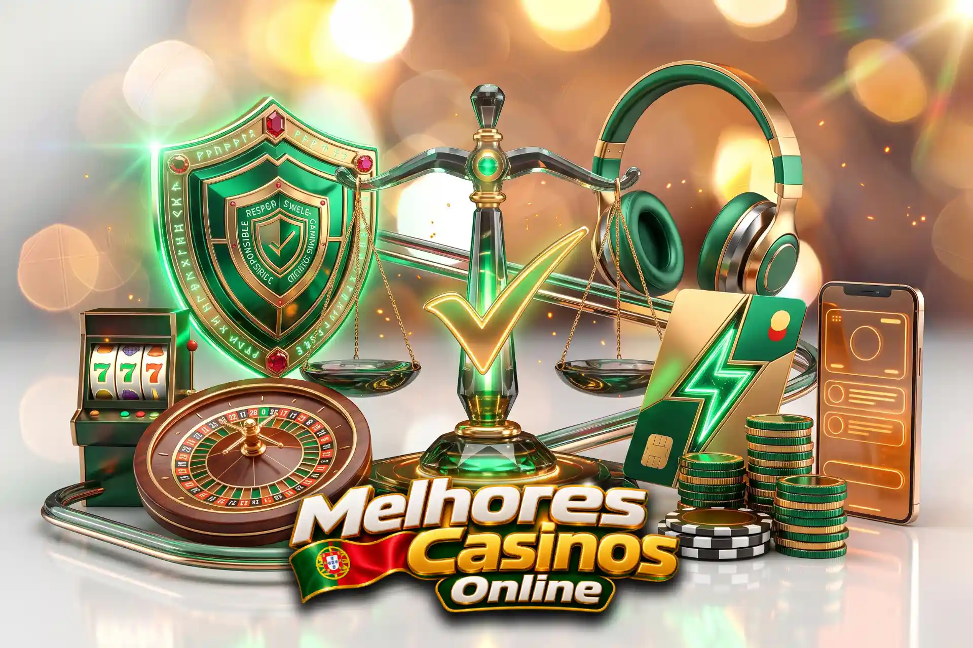 Critérios de avaliação rigorosos para casinos na internet, representados por uma balança de precisão com escudo de segurança e auscultadores.