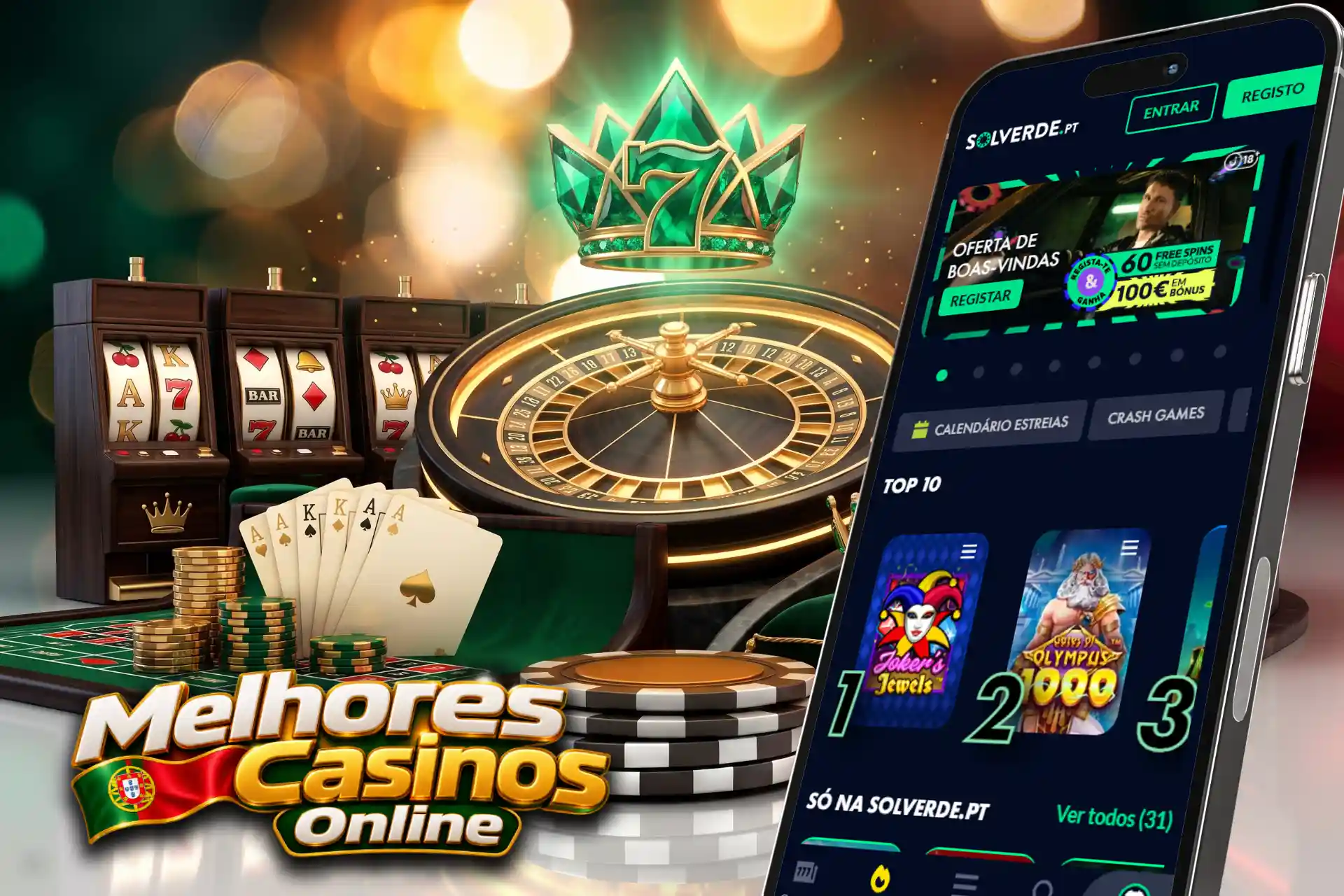 Oferta de boas-vindas e jogos de slots no casino Solverde.pt, apresentados num ecrã móvel com roleta, máquinas de slots e coroa de esmeraldas.
