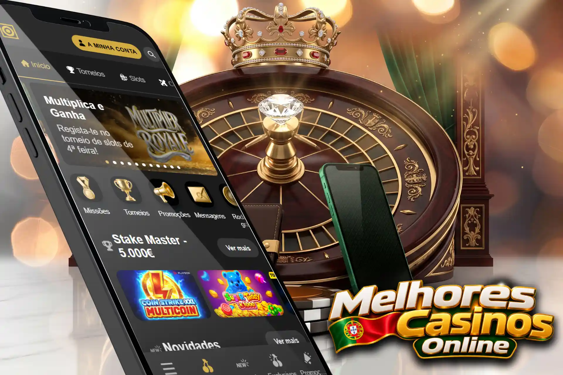 Plataforma móvel do Estoril Sol Casinos com jogos e torneios, mostrada num smartphone em frente a uma roleta com coroa real e diamante.