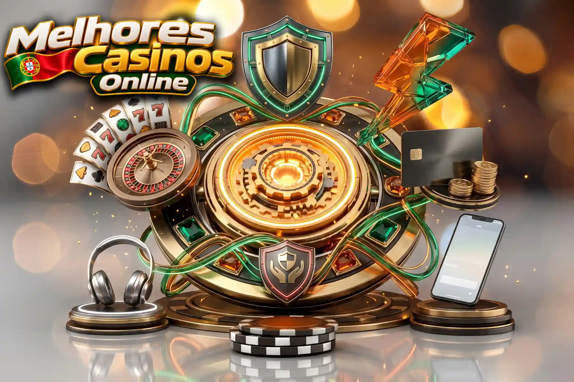 Comparação detalhada por critérios no Melhores Casinos Online, demonstrada através de um núcleo dourado ligado a cartões, telemóvel e roleta.