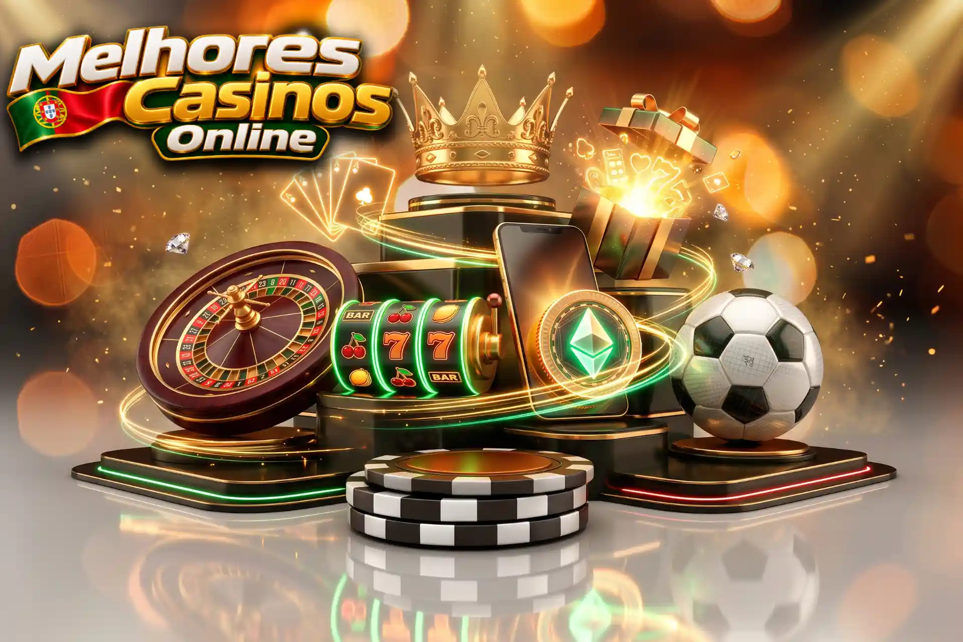 Seleção de jogos de casino e apostas desportivas online, exibidos num pódio com smartphone, bola de futebol, roleta e caixa de presentes luminosa.